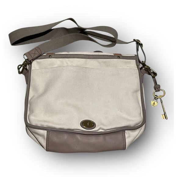 FOSSIL Long Live Vintage 54 Beige Canvas Messenger Bag Turn Lock Flap Lthr Trim - Picture 1 of 11